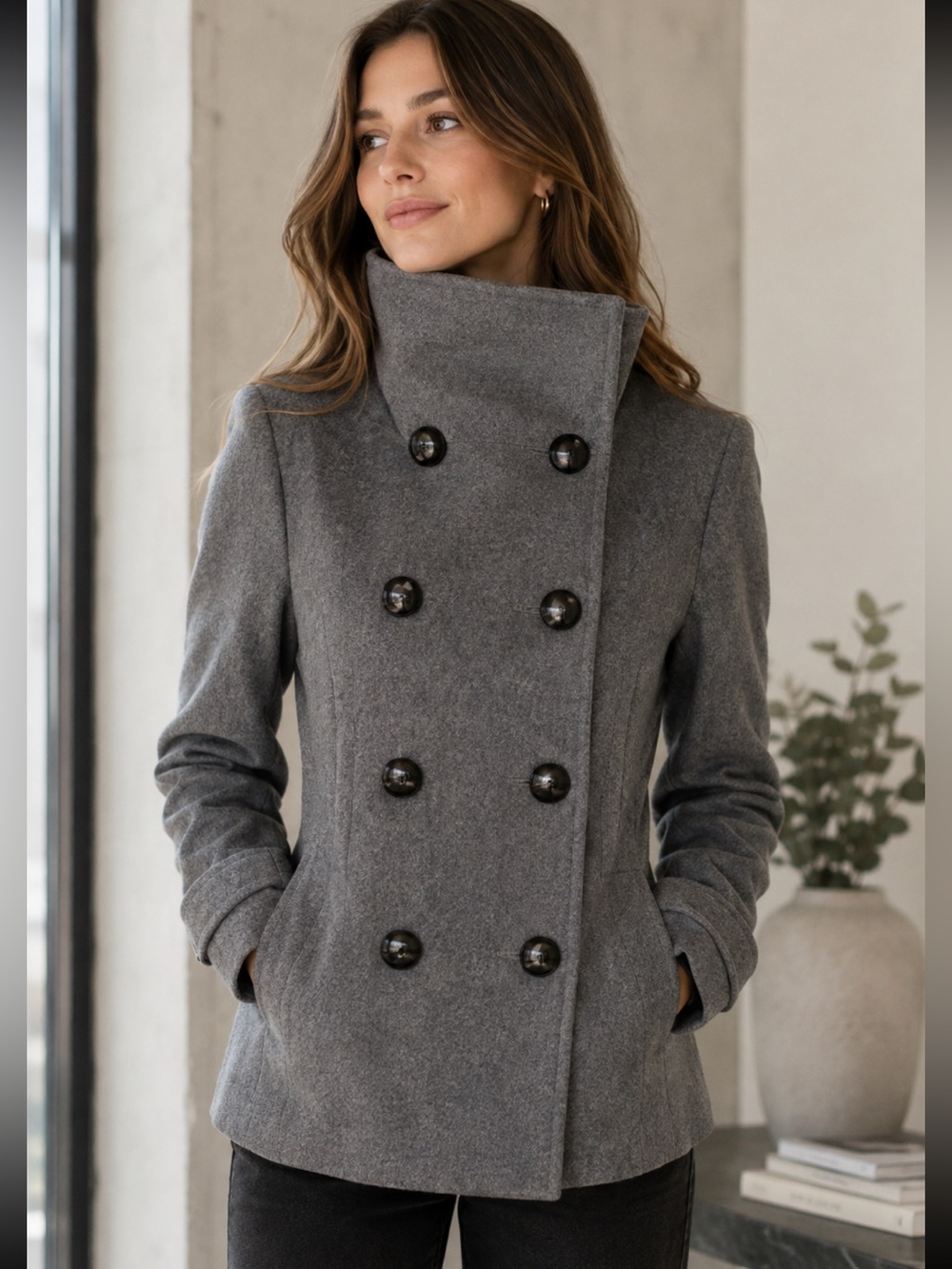 Aritzia Grey Wool Blend Double-Breasted Peacoat size Small BRAND NEW